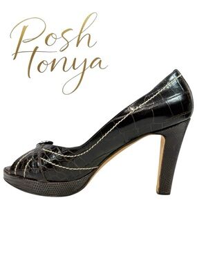 Titti Dell’Acqua Alligator Leather Peep Toe Pumps Brown Croc Size 38.5 Mob Wife